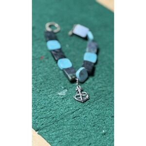 Turquoise & Black Stone Bracelet Silver Tone Toggle Clasp Boho Vintage Style 7"
